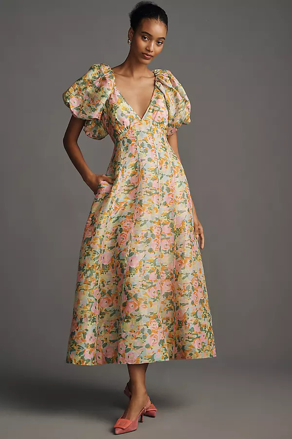 Lorna Puff-Sleeve V-Neck Linen-Silk Maxi Dress | Anthropologie (US)