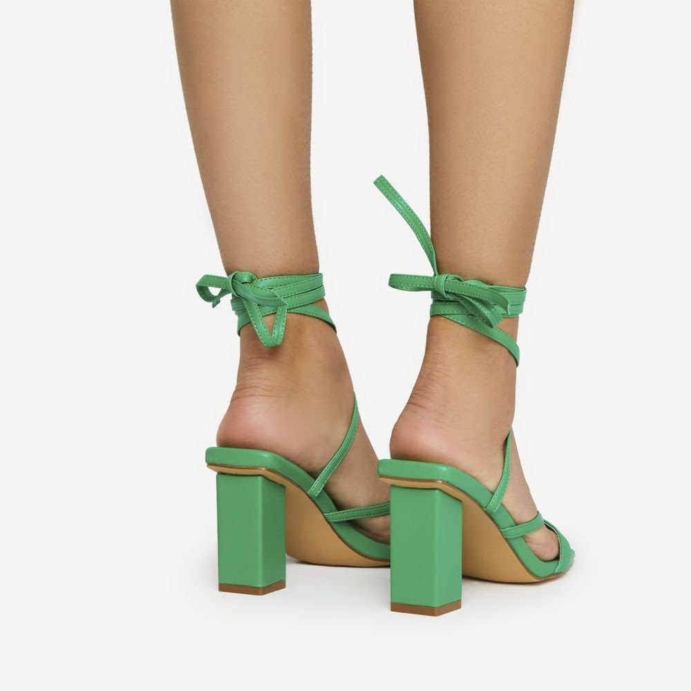 Euphoric Strappy Lace Up Square Toe Low Block Heel In Green Faux Leather | EGO (UK)
