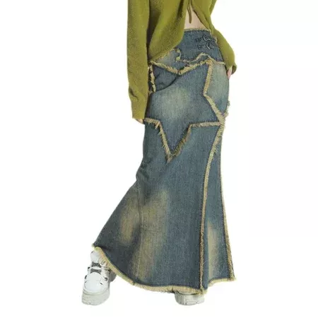 Mid Blue Wash Raw Hem Denim Maxi Skirt