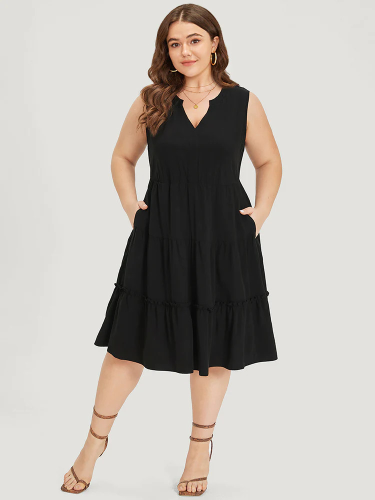 Supersoft Essentials Notched Ruffle Layered Hem Sleeveless Dress | Bloomchic