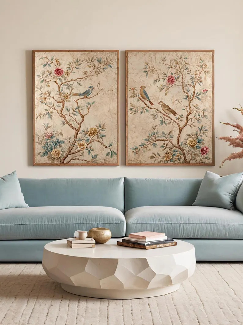 Set of Two Neutral Chinoiserie Panel Birds & Flowers Print: 2 Vintage Japanese Tapestry Wall Art,... | Etsy (Global)