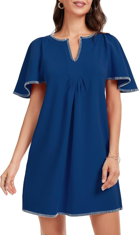 HOULENGS Women's Summer Flutter Short Sleeve A Line Mini Dress Casual Contrast Trim V Neck Short ... | Amazon (US)