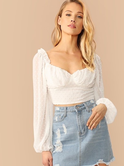 Top jacquard a pois con manica a lanterna con volant | SHEIN