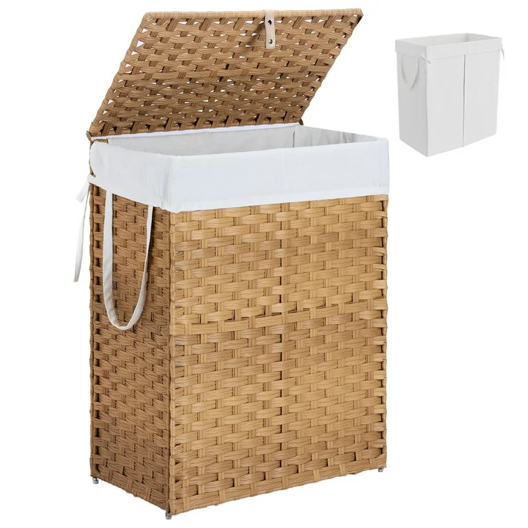 edx Laundry Basket with Lid, 90 L Hand-Woven PP Rattan Laundry Basket with Handle, Foldable, Remo... | Walmart (US)