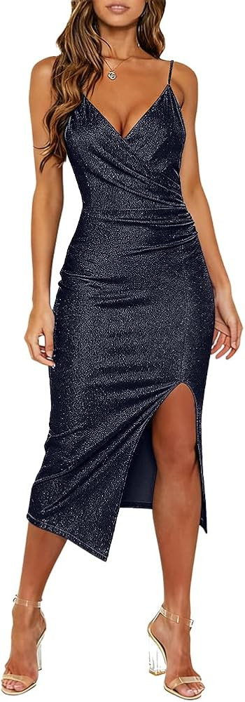 WAYMAKER Women's Sexy V Neck Spaghetti Strap Sleeveless Wrap Ruched Side Slit Bodycon Cocktail Pa... | Amazon (US)