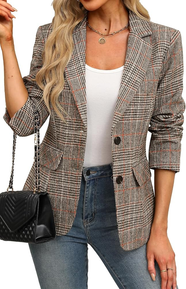ELLEVEN Women's Lapel Collar Plaid 2 Button Boyfriend Blazer Suit Houndstooth Work Office Blazer ... | Amazon (US)