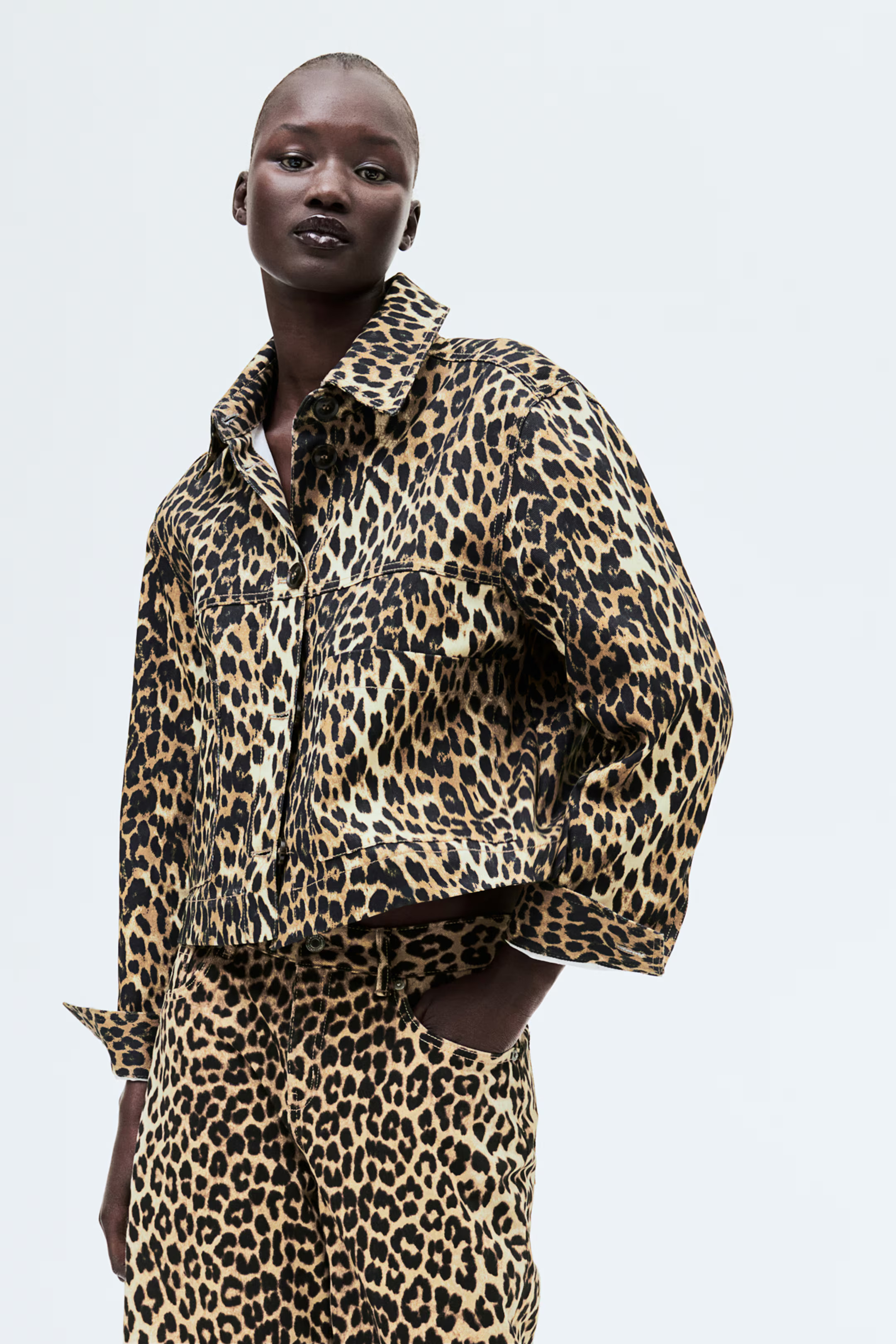 Patterned Twill Jacket - Long sleeve - Short - Beige/leopard print - Ladies | H&M US | H&M (US + CA)