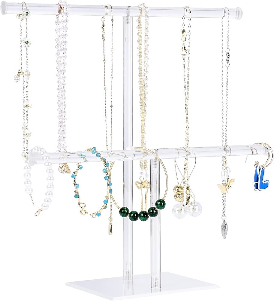 Acrylic Jewelry Display Holder, Necklace and Bracelet Hanging Organizer, Clear 2-Tier Tower Stand... | Amazon (US)