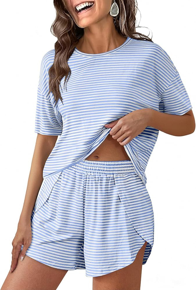 ANRABESS Womens Striped Pajamas Sets 2026 Summer 2 Piece Lounge Matching Short PJ Set Side Split ... | Amazon (US)
