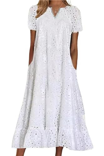 chouyatou Women Summer Ruffle Hem Floral Lace Eyelet Dress Casual Notch Neck Midi Tunic Dress wit... | Amazon (US)