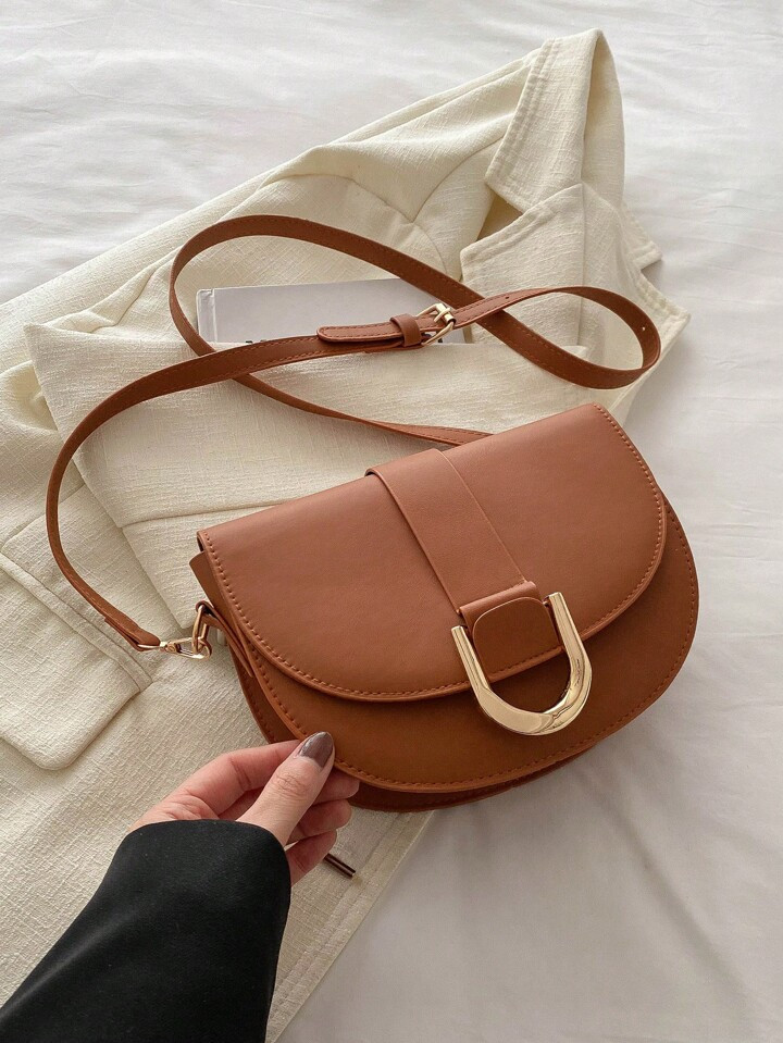 Fashionable Solid Color Women's Half Round Small Bag Flip With Hardware Decoration Mini Saddle Ba... | SHEIN