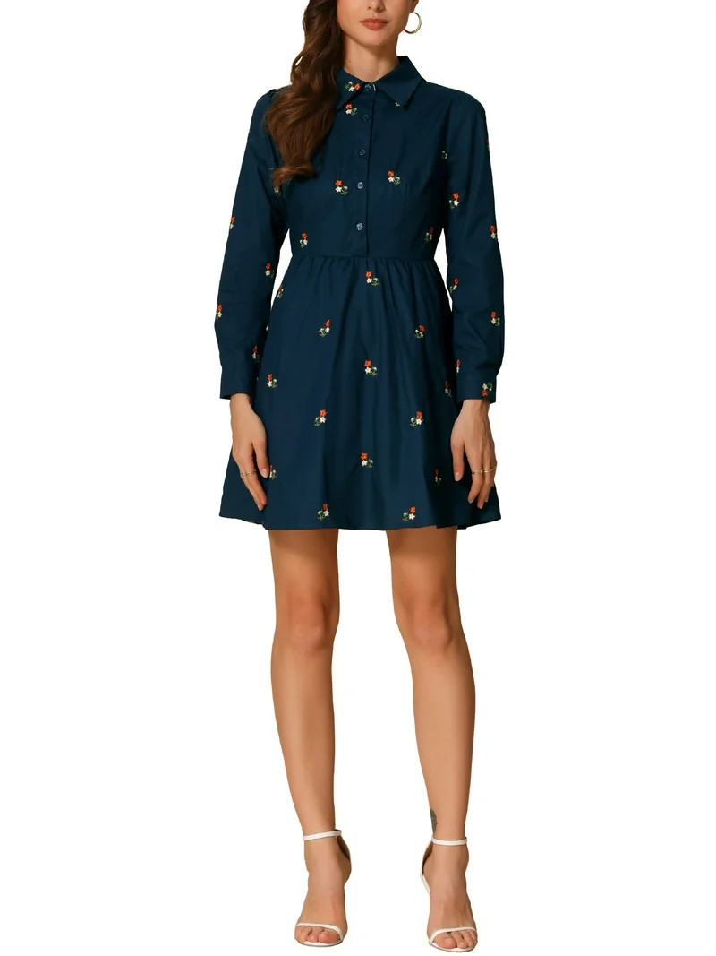 INSPIRE CHIC Women's Dress Long Sleeves Turn Down Collar Button Floral Mini Shirt Dresses XS Navy... | Walmart (US)