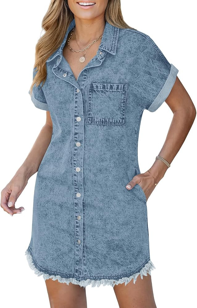 BestGirl Denim Shirt Dress for Women Short Sleeve Button Down Casual Summer Jean Dresses | Amazon (US)
