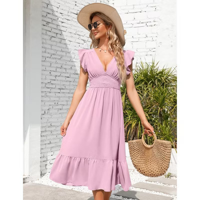 Women's Summer V Neck Short Sleeve Dress High Waist A line Dress Flowy Ruffle Shirred Swing Midi Dresses Pink X-Large | Target