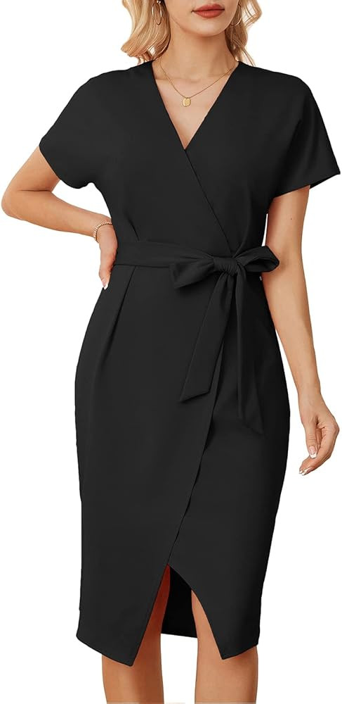 GRACE KARIN Women's Short Sleeve V Neck Business Dress Tie Waist Faux Wrap Slit Cocktail Party Dr... | Amazon (US)
