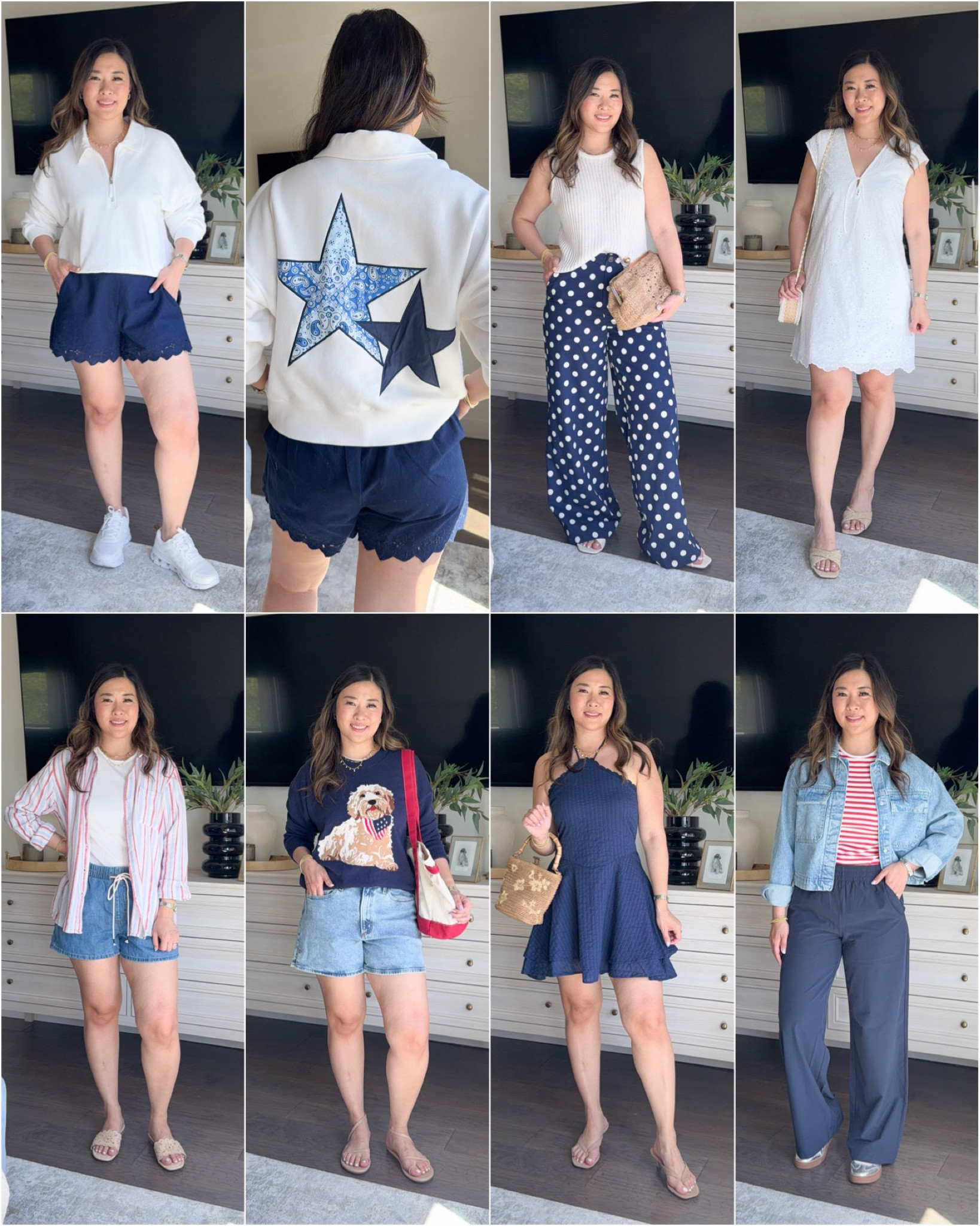 Target Red, White and Blue Outfits
Star Half Zip: Medium
Lace Blue Shorts: Medium
Knit Tank: Large
Polka Dot Pants: 6 
White Dress: Medium
Ribbed Tee: Medium
Striped Button Down: Medium
Tie Waist Denim Shorts: Medium 
Dog Sweater: Large
Denim Shorts: 8
Dress: Small
Red Striped Tee: Medium
Denim Jacket: Medium
Navy Pants: Small