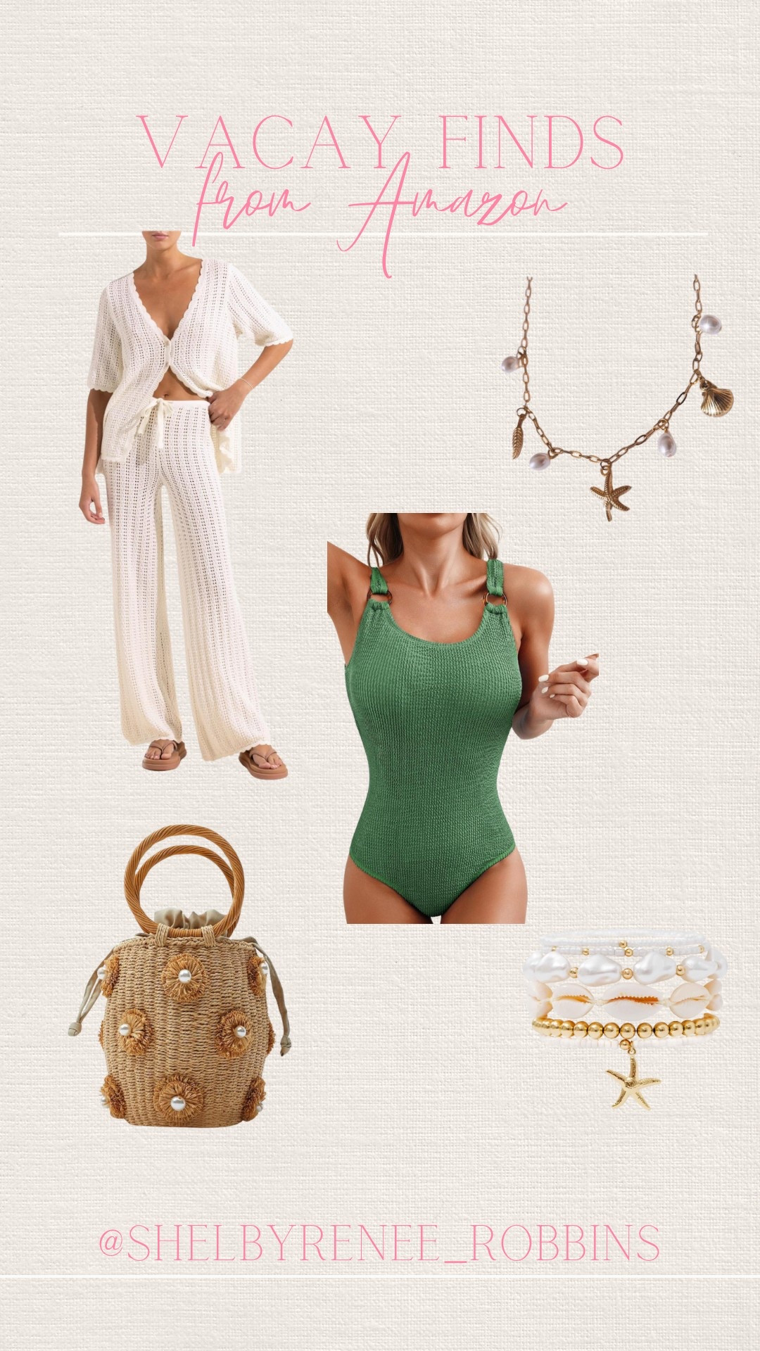 Vacay finds from Amazon, what I ordered from Amazon for spring break, green ribbed swimsuit, crochet swim coverup, 2 piece swim coverup, straw flower bag, beach charm necklace, beach jewelry 

#LTKSeasonal #LTKSwim #LTKStyleTip