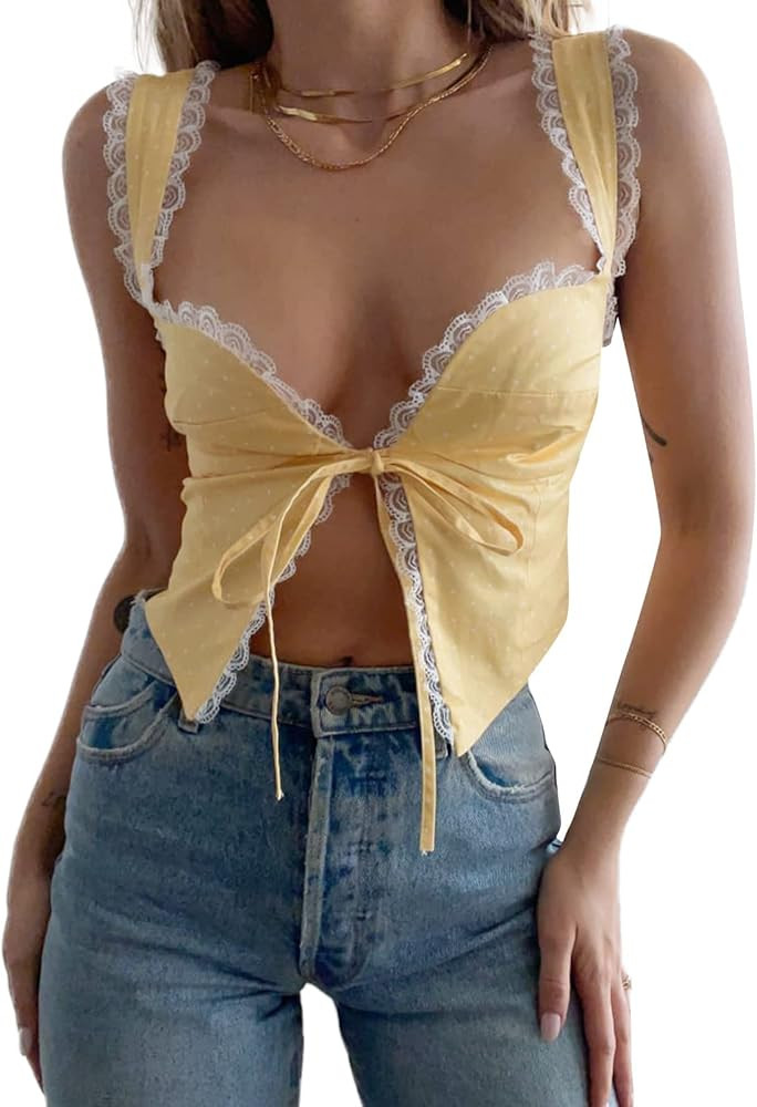 Women Y2K Sexy Lace Camisole Square Neck Tie Front Cute Cami Tank Top Vintage Backless Tank Top S... | Amazon (US)