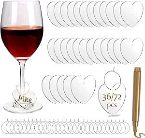 MAKALONE 36pcs DIY Acrylic Wine Glass Charms with 1 Gold Marker Pen Heart Shaped Drink Markers Cl... | Amazon (US)