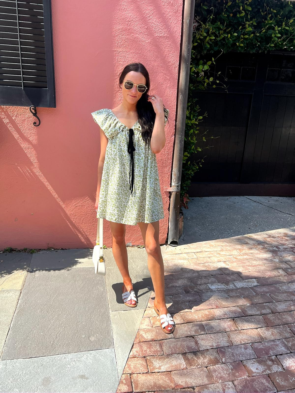 Charleston outfit / summer outfit-dress in XS, sandals true to size! Sun dress/white sandals/sunglasses. 
 

 #LTKSummerEdit #LTKPetite #LTKFindsUnder50