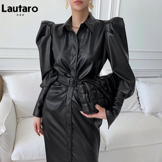 Lautaro Autumn Long Soft Black Faux Leather Shirt Dress Belt Puff Long Sleeve Buttons Elegant Lux... | Ali Express BR