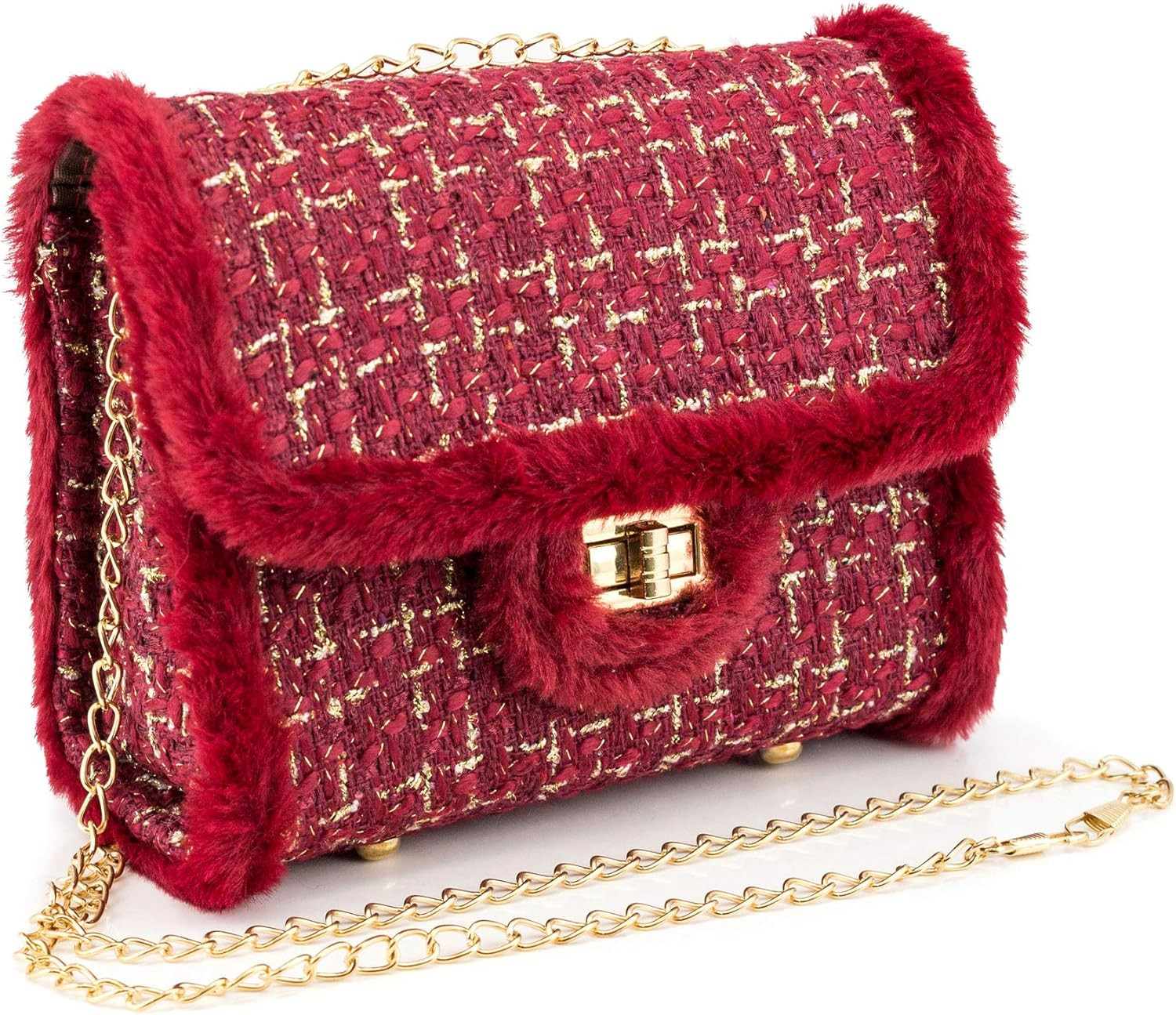 OCT17 Women’s Small Crossbody Purse Bag Handbag Clutch Satchel Flip Gold Chain Faux Fur Trim | Amazon (US)
