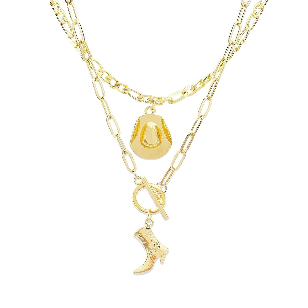 Jean Beau Cowboy Hat Boot Pendant Necklace for Women, Gold Silver Layer Dainty Western Cowgirl Ch... | Amazon (US)