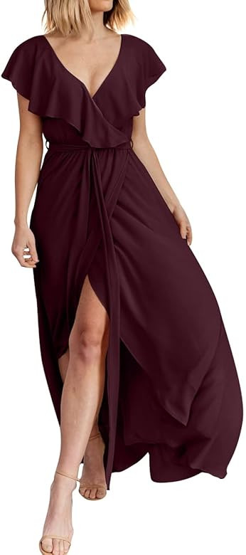 GeGekoko Women's V Neck Ruffle Maxi Dresses Flowy Long Dress Maternity Dress Elegant Sexy Dresses | Amazon (US)