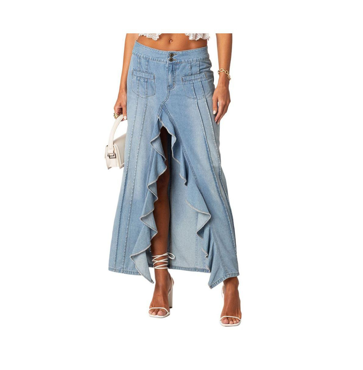Women's Valencia Ruffle Slitted Denim Maxi Skirt - Blue | Macy's