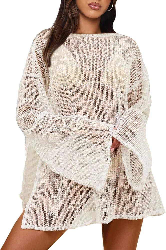 Crochet Swimsuit Coverup for Women Boat Neck Bathing Suit Cover Up 2026 Summer Sexy Beach Caftan ... | Amazon (US)