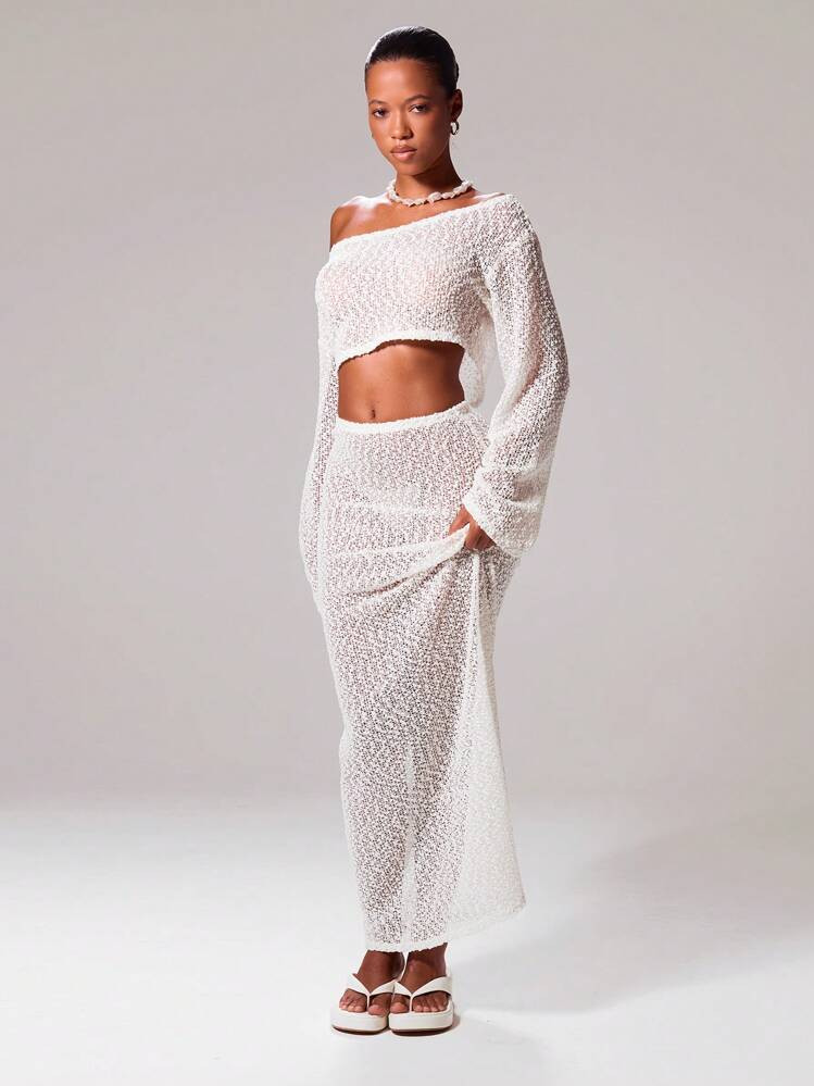Musera Resort Drawstring Textured Knit Low Rise Straight Fit Maxi Skirt Cover Up Only For Ibiza V... | SHEIN