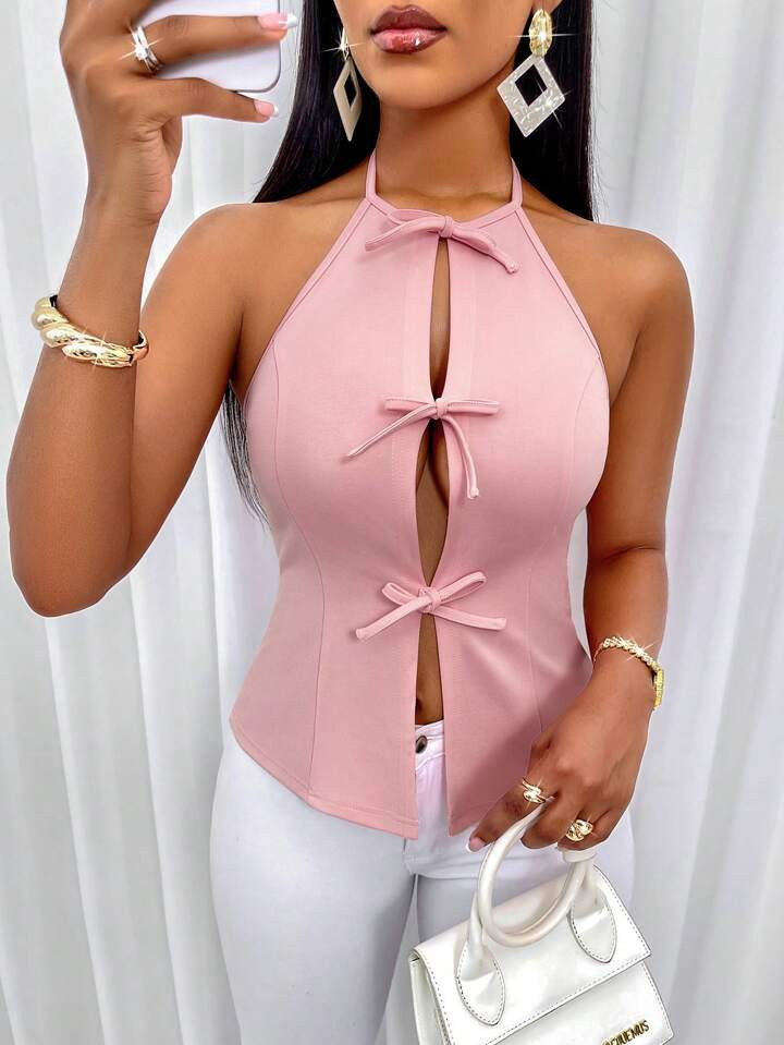 SHEIN Slayr Women's Solid Color Simple Casual Open Shoulder Bow Tied Tank Top | SHEIN USA | SHEIN