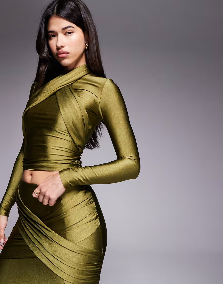 Ruched & Ready Looked Twice sculpted high shine halterneck drape front top co-ord in olive-Green | ASOS (Global)