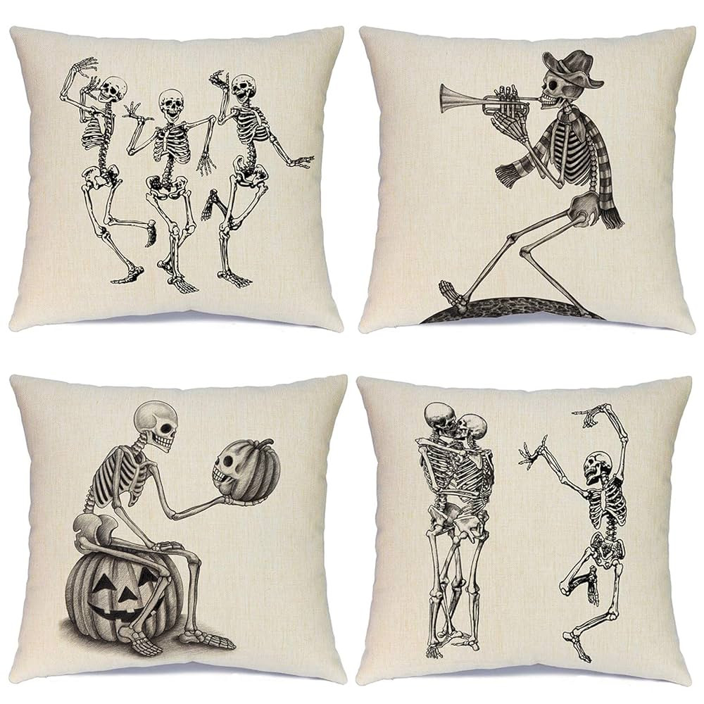 Ueerdand Halloween Pillow Covers Skeleton Skull Pumpkin Throw Pillowcases Set of 4 Cotton Linen P... | Amazon (US)