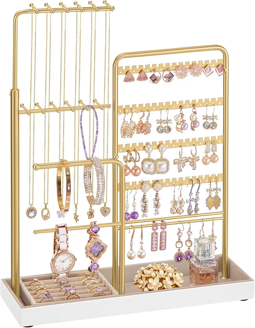 SONGMICS Jewelry Holder, Jewelry Storage Organizer Stand with Metal Frame, Velvet Tray, 12.1 to 1... | Amazon (US)