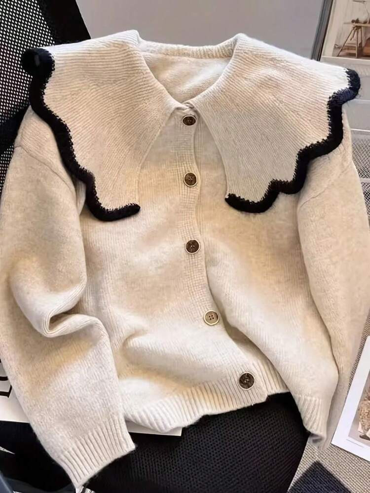 Apricot Loose Soft Vintage Style Unique Collar Design Knit Sweater, Suitable For Spring, Autumn, Winter | SHEIN