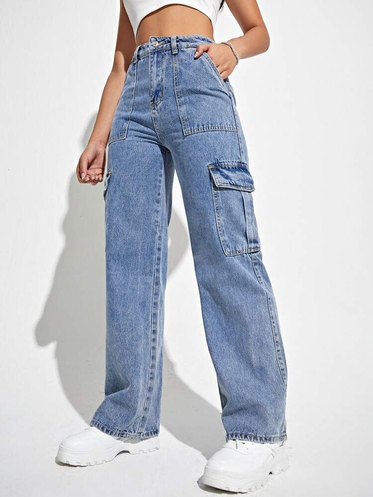 High Waist Flap Pocket Side Cargo Jeans | SHEIN