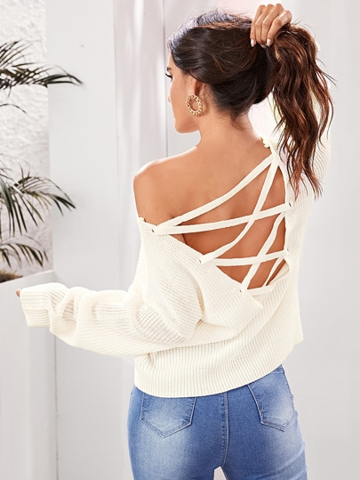 SHEIN Solid Lace Up Backless Sweater | SHEIN
