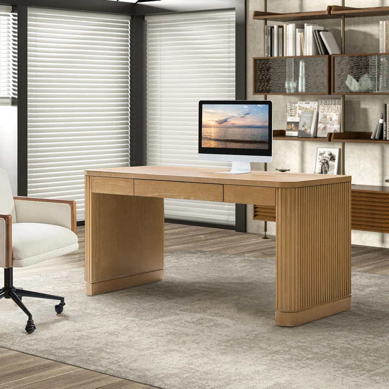 Kaybri Aranza 60”W Solid Wood Base Fluted Desk with Cable Management and Power Outlets | Wayfair North America