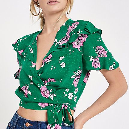 Womens Green floral frill wrap tie side crop top | River Island (UK & IE)