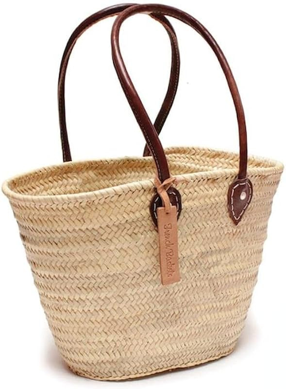Straw Bag French Basket Handle Long Size Medium Leather French Market Basket Beach Bag Handmade B... | Amazon (US)