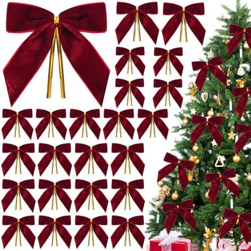 24 Pcs Burgundy Velvet Bows for Christmas Tree,Dark Red Velvet Bows Ornaments Christmas Tree Bow ... | Amazon (US)