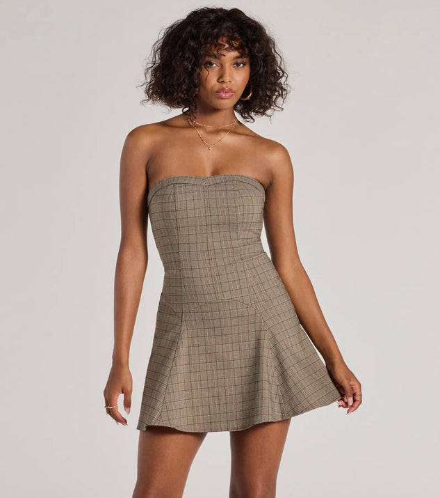 Adorable Look Plaid Print Strapless Skater Dress | Windsor Stores