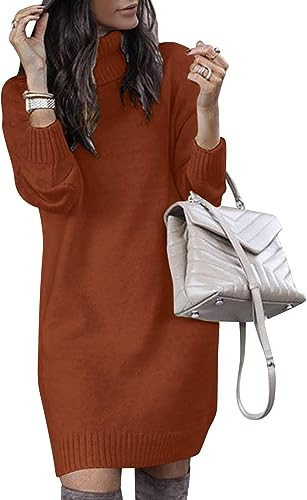 SENFURE Womens Turtleneck Sweater Dress Soft Elasticity Long Sleeve Ladies Pullover Oversize Dresses, Caramel | Amazon (US)
