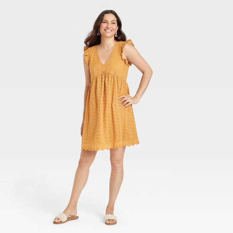 Women's Ruffle Short Sleeve Eyelet A-Line Dress - Knox Rose™ Amber XS | Target