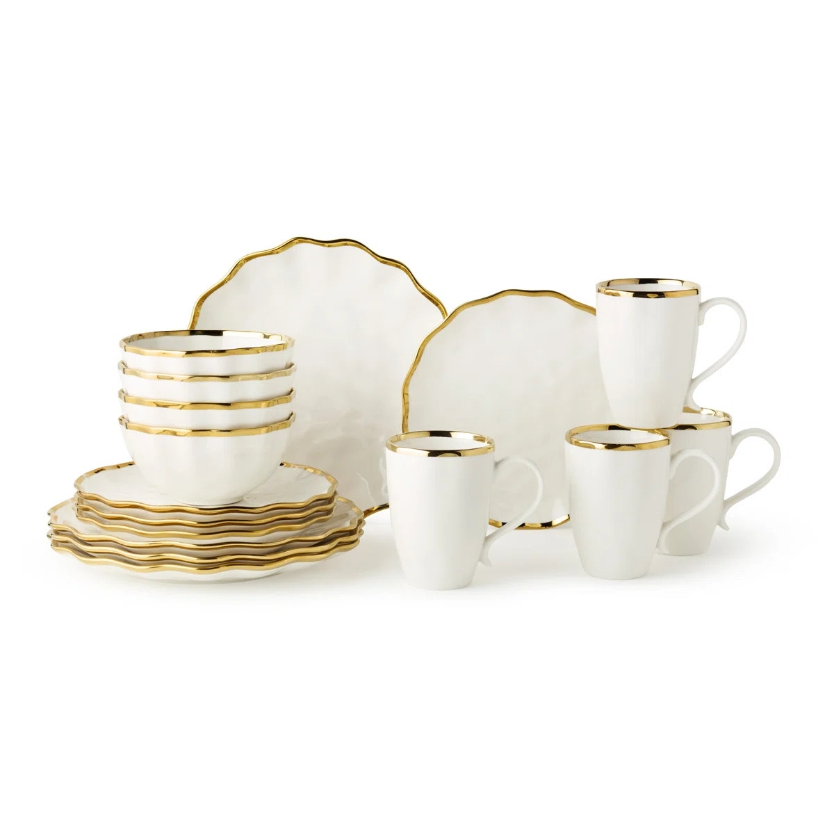 Regency Gold 16-Piece Porcelain Dinnerware Set for 4 – Luxury Gold-Rimmed Plates, Bowls & Mugs ... | Wayfair North America