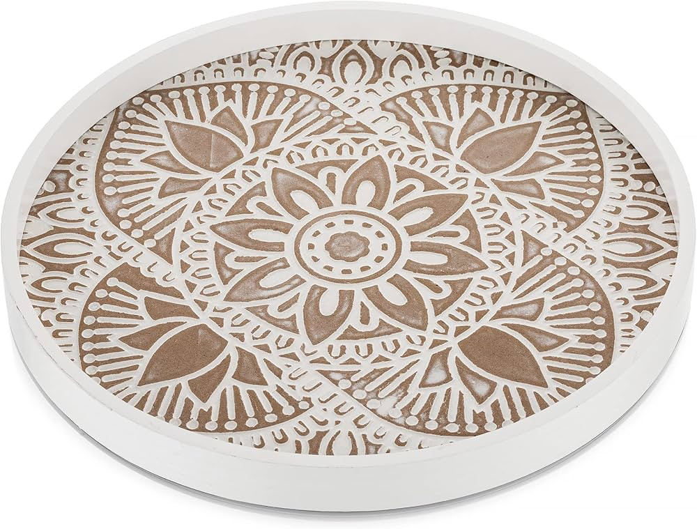 Hanobe Decorative Serving Tray Round: Farmhouse Coffee Table Tray for Ottoman Boho Wooden Centerp... | Amazon (US)