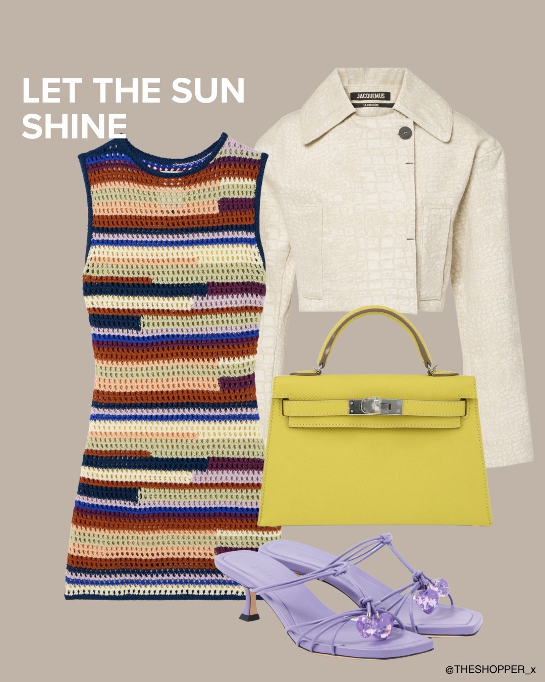 Crocodile pattern cropped jacket, pattern knit mini dress, mini leather yellow handbag, purple strap kittle heel mules

#LTKsummer #LTKspring #LTKluxury