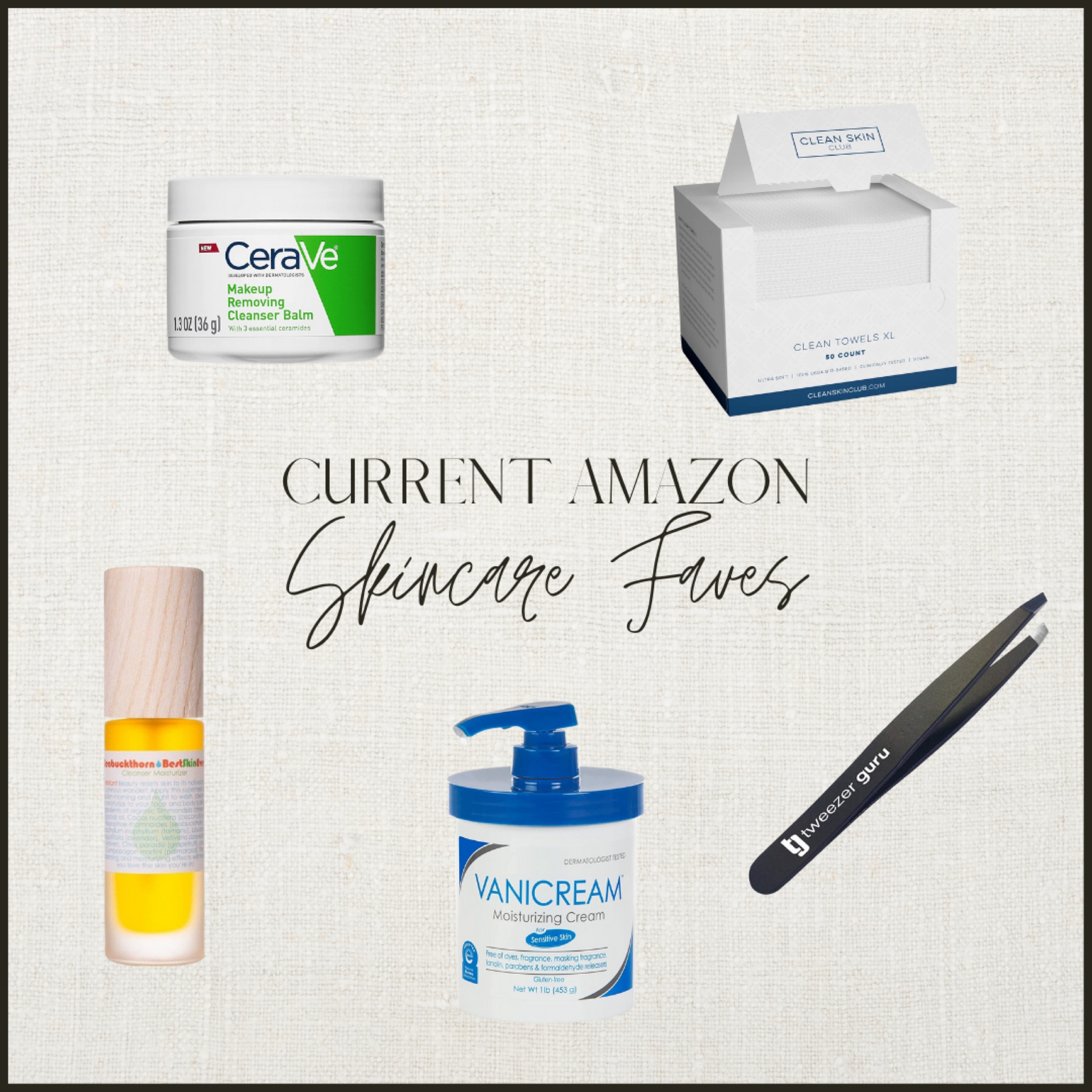 Current favorite beauty finds on Amazon ✨ CeraVe Cleansing Balm, Clean Skin Club, Disposable Wash Cloth, Tweezers, Vanicream Moisturizer, Seabuckthorn Oil.

#LTKSeasonal #LTKbeauty #LTKunder50