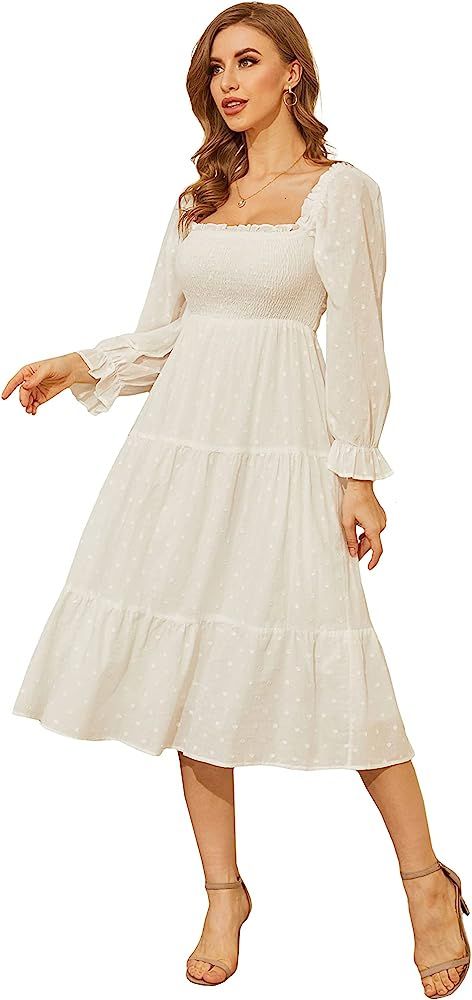 R.YIposha Womens Summer Square Neck -Ruffled Puff Long Sleeve- Beach Party Casual Maxi Dress | Amazon (US)